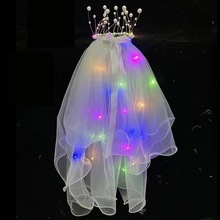 新品发光流苏头纱带珍珠超仙女儿童新娘头纱发光头饰地摊批发热卖