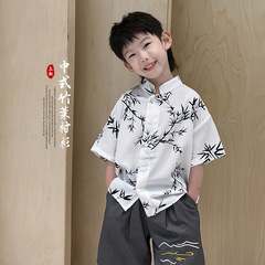 Children's New Chinese Style Shirt 2024 Summer New Boys and Girls Bamboo Leaf Short Sleeve Blouse Loose Chiffon Top for Boys