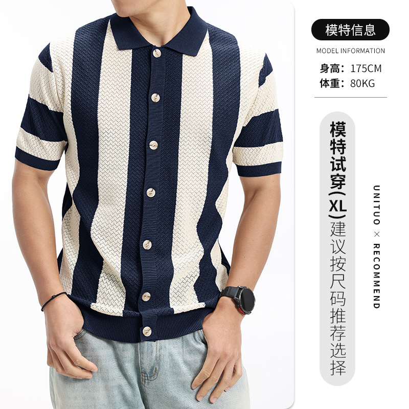 Camisas de polo de hielo de punto a rayas de estilo antiguo, camisetas de color contrastante, camisetas casuales de negocios, mangas cortas para hombres
