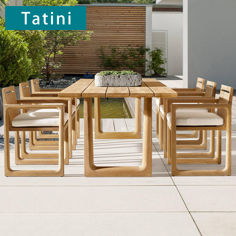 Patio al aire libre combinación de mesa y silla de teca Terraza de villa al aire libre mesa larga de madera maciza al aire libre impermeable y protector solar muebles de ocio