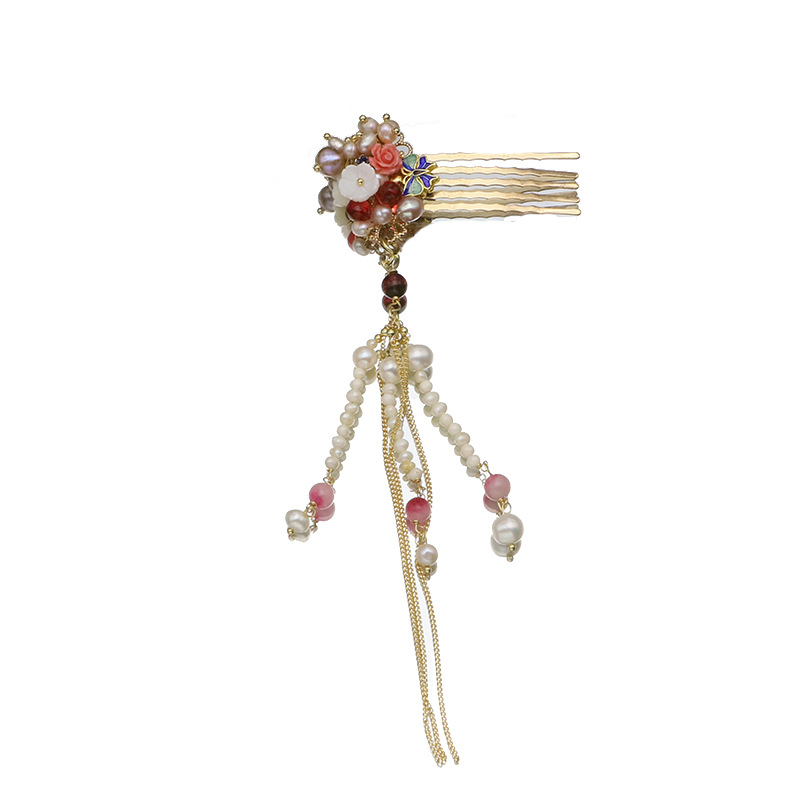 Natural de la Perla del pelo peine de inserción peine cloisonne estilo nacional borla accesorios para el cabello de cinco dientes updo metal peine del pelo de alta calidad al por mayor