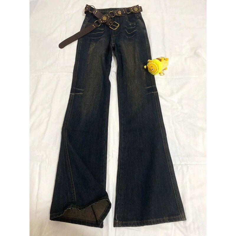 Женские джинсы с низкой талией в стиле ретро, ​​весенне-осенний дизайн, брюки-клеш большого размера в американском стиле High Street.