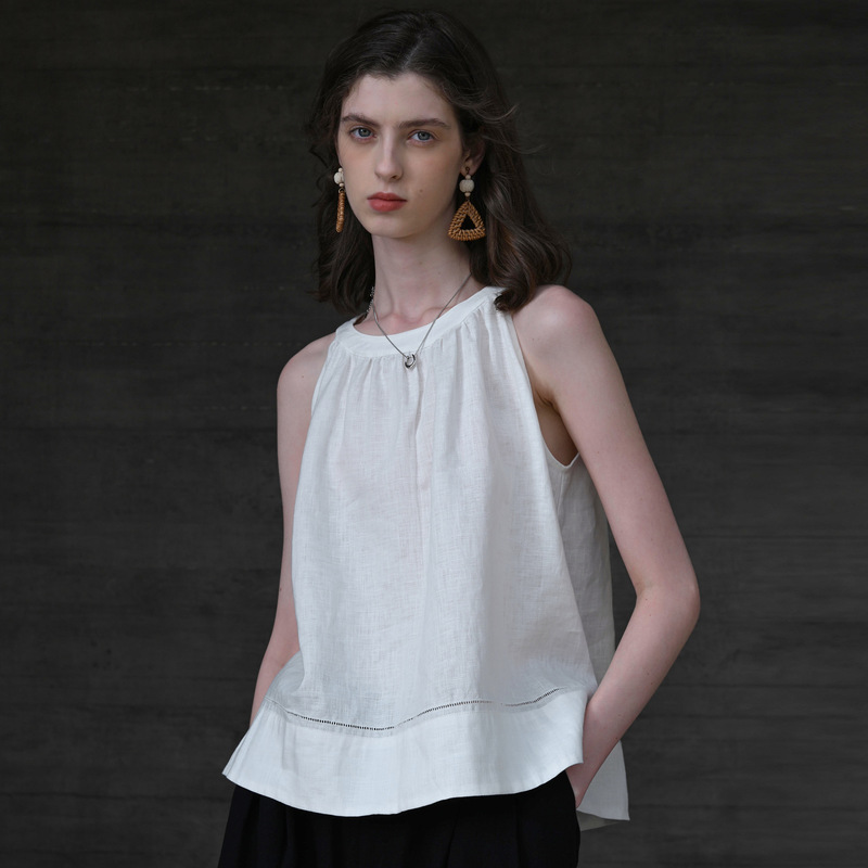 Pure Linen Halter Top, Summer Design, Round Neck Sleeveless Vest, French Style Work Clothing A-Line Halter Top