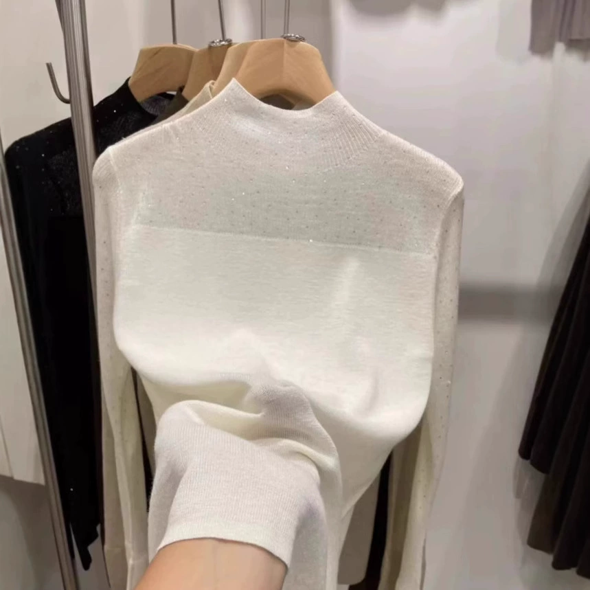 Полу-высокий воротник с бриллиантами высокого уровня модный мягкий клейкий нижний шерстяной трикотаж женский осенний и зимний новый корейский модный топ