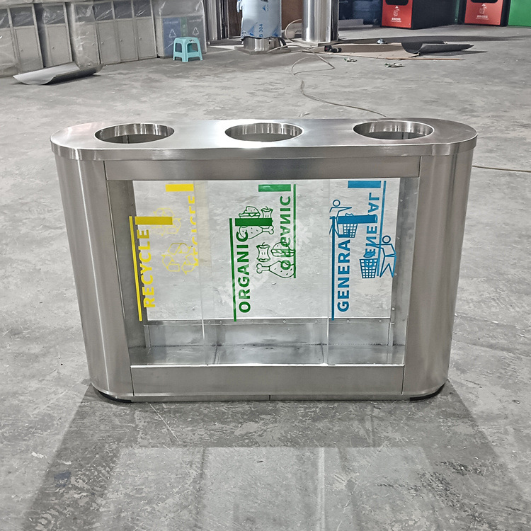 室内外贸透明商用亚克力板三联体不锈钢分类垃圾桶公共场所回收箱