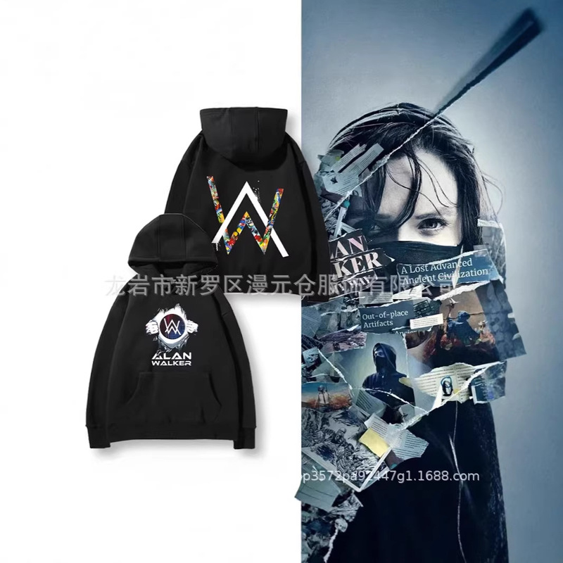 Alan Walker Sweatshirt for Men, Hooded, Autumn and Winter Style, Fleece-Lined, Thick, Loose Fit, Versatile Base Layer