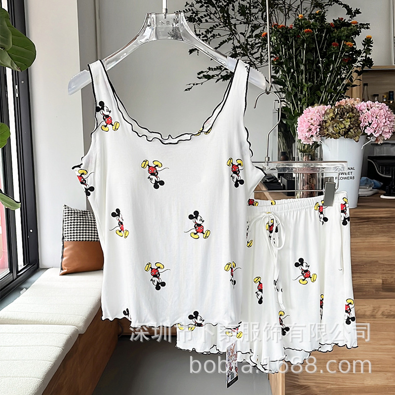 여성용 민소매 잠옷, 여름 캐미솔 반바지, 귀여운 만화 인터넷 연예인 여름 스타일 가슴 패드가 있는 홈웨어 투피스 세트