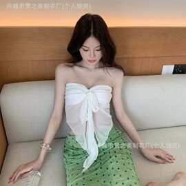 ins温柔抹胸复古绿波点裙显白显瘦泳衣三件套海岛温泉拍照超出片