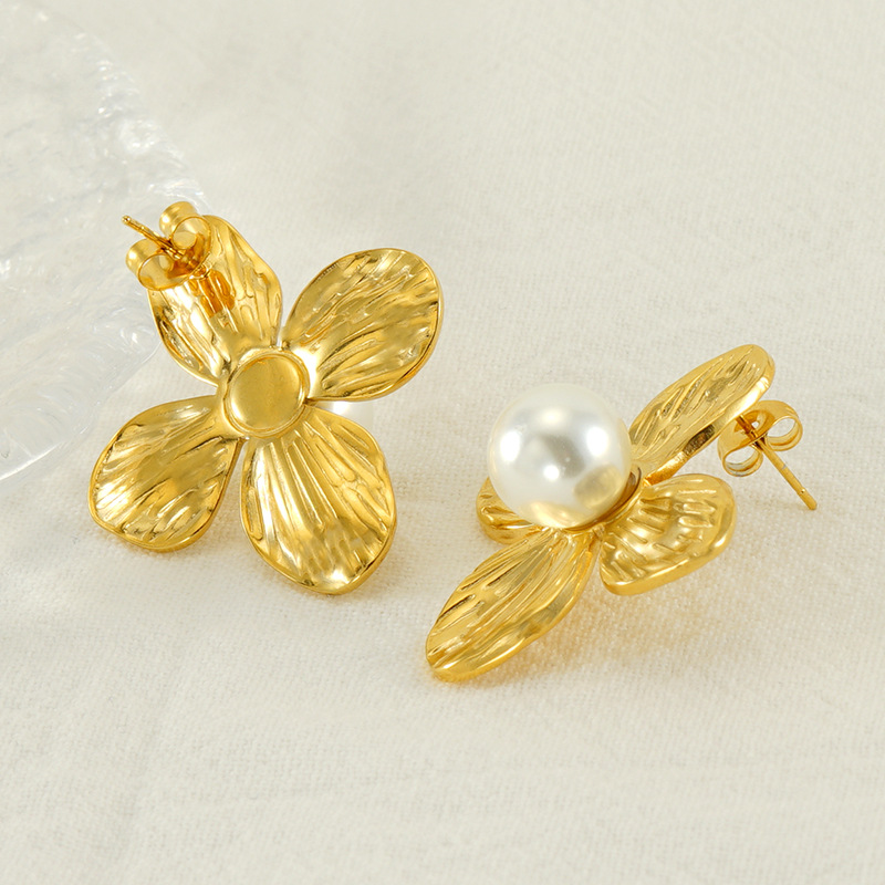 Exaggerated Gold Pearl Drop Earrings Stainless Steel Jewelry_voghion.com