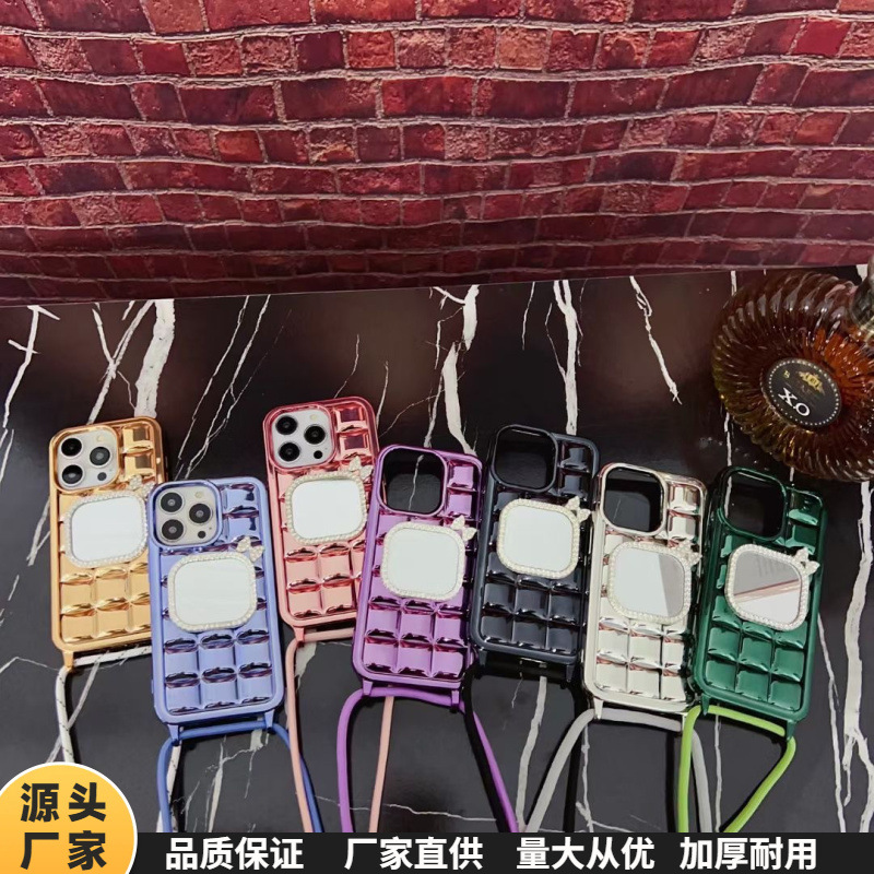 适用苹果13手机壳iPhone14Plus方形镜子面挂绳12套15promax电镀87