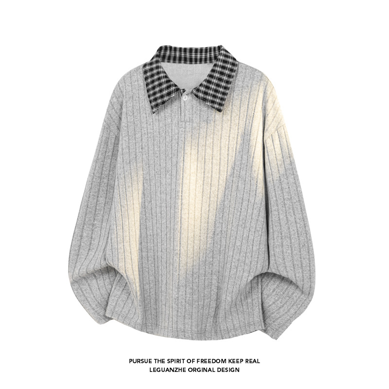 T-shirt a maniche lunghe da uomo con colletto risvoltato a quadri in stile coreano, look giovanile e pulito per la primavera, stile americano_voghion.com