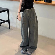 辣妹复古弯刀工装阔腿牛仔裤女小个子高腰宽松显瘦直筒裤休闲长裤