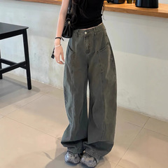 辣妹复古弯刀工装阔腿牛仔裤女小个子高腰宽松显瘦直筒裤休闲长裤