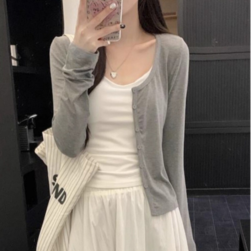 High-end Sense Grey Long-sleeved Cardigan Women's Autumn New Style Spice Girl Style Slim-fit Slimming Lazy Elegant Outside Elegant High-end Sense Grey Long-sleeved Cardigan Women's Autumn New Style Spice Girl Style Slim-fit Slimming Lazy Elegant Outside Elegant
