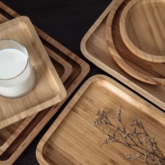 Bandeja de bambú rectangular japonés ins pastel de pizza placa redonda Nordic hogar taza de té vajilla placa