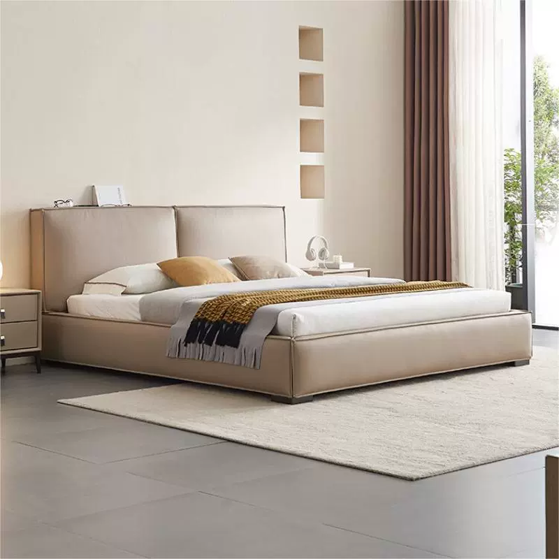 意式极简真皮豆腐块床头层牛皮卧室简约现代主卧双人床高箱软包床