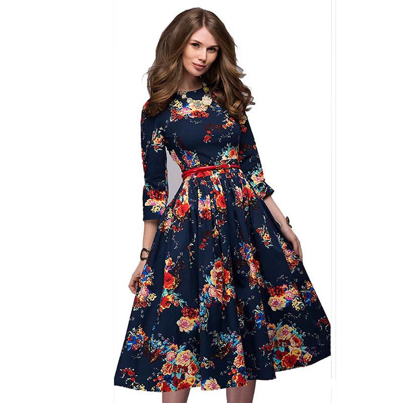 Внешняя торговля новый осенний ретро стиль женский принт с длинными рукавами темпераментное пушистое платье оптом тонкое