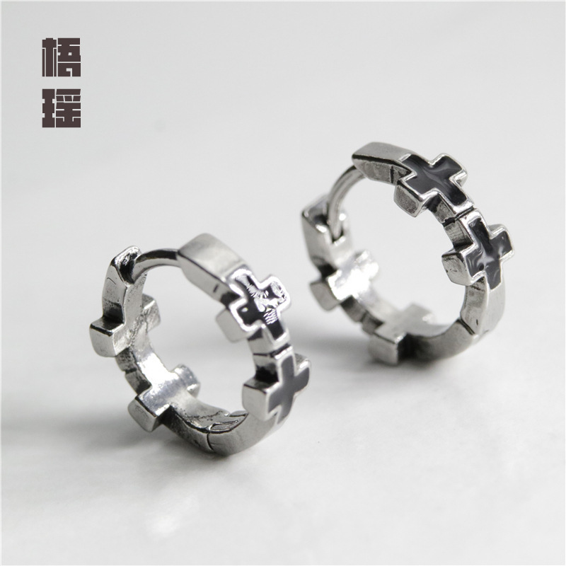 PS888 10mm dark titanium steel retro cross drop oil casting men's earrings ear ring fashion jewelry