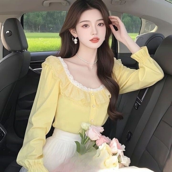 French-Style Yellow Lace Collar Long-Sleeved Shirt for Women, Spring Design, Niche, Age-Reducing and Good-Looking Top French-Style Yellow Lace Collar Long-Sleeved Shirt for Women, Spring Design, Niche, Age-Reducing and Good-Looking Top
