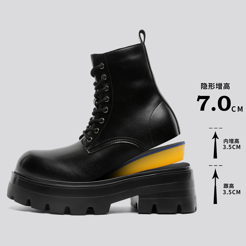 Black High-Top Martin Boots with a High-End Feel, Stylish Thick-Soled Height-Increasing Versatile Motorcycle Boots, Height-Increasing Model G053-J