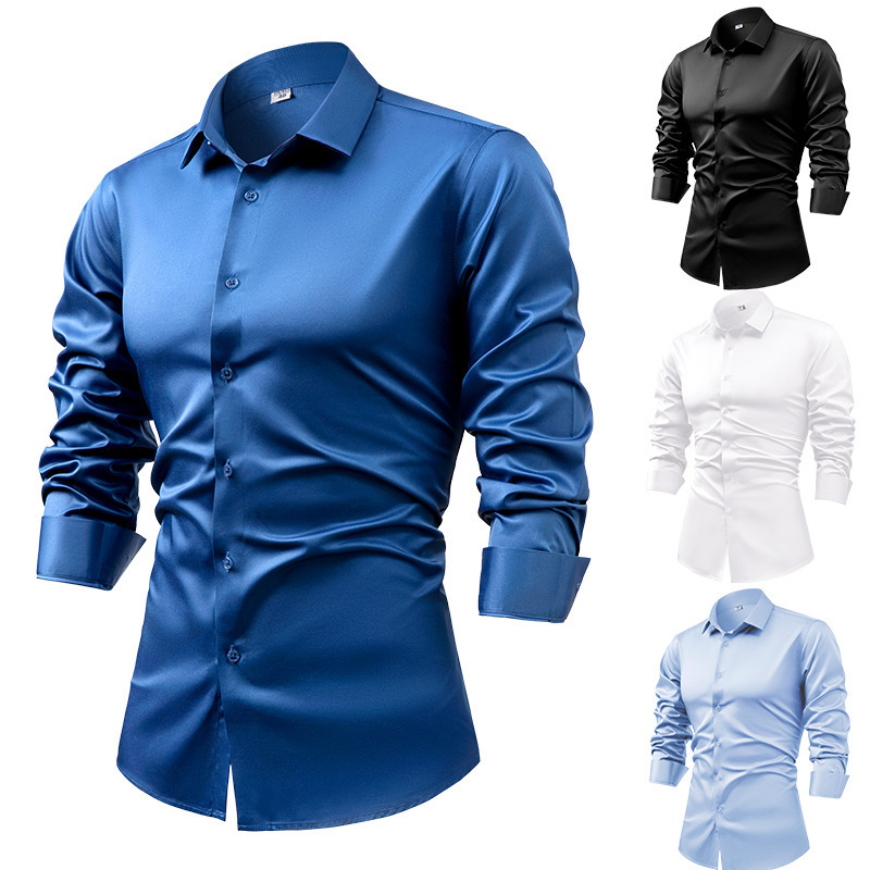 2026 Men's Silk Satin Long-Sleeved Dress Shirt Business Casual Button-Down Shirt No-Iron Wrinkle-Resistant Export Men's Clothing