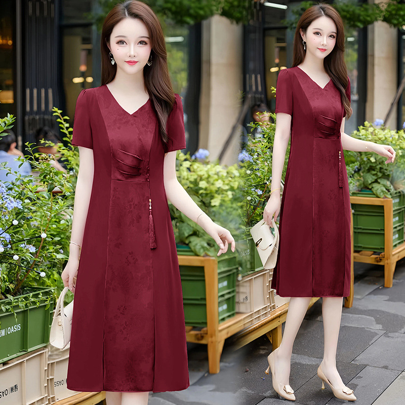 Middle-Aged Mother's Summer Dress, New Chinoiserie Style, 30 and 50 Years Old, Middle-Aged and Young Women's Summer Over-The-Knee Skirt