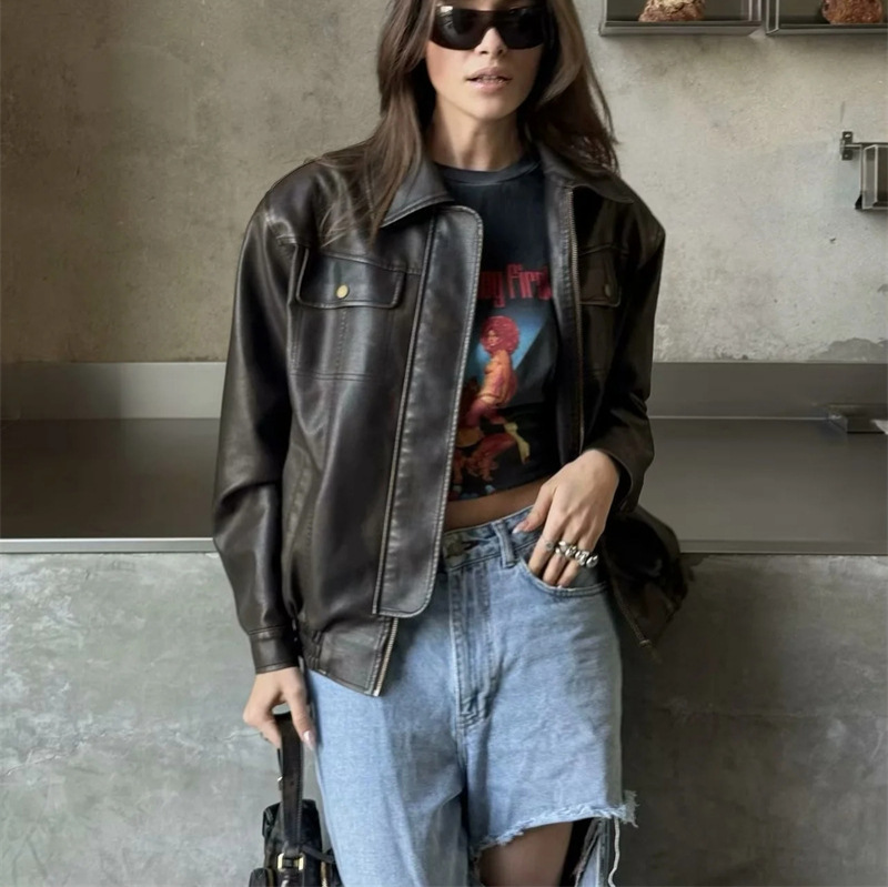 Spring and Autumn Design Niche High-end Sense Jacket Top Women's European and American Hot Girls Street Motorcycle Washed Color Leather Jacket