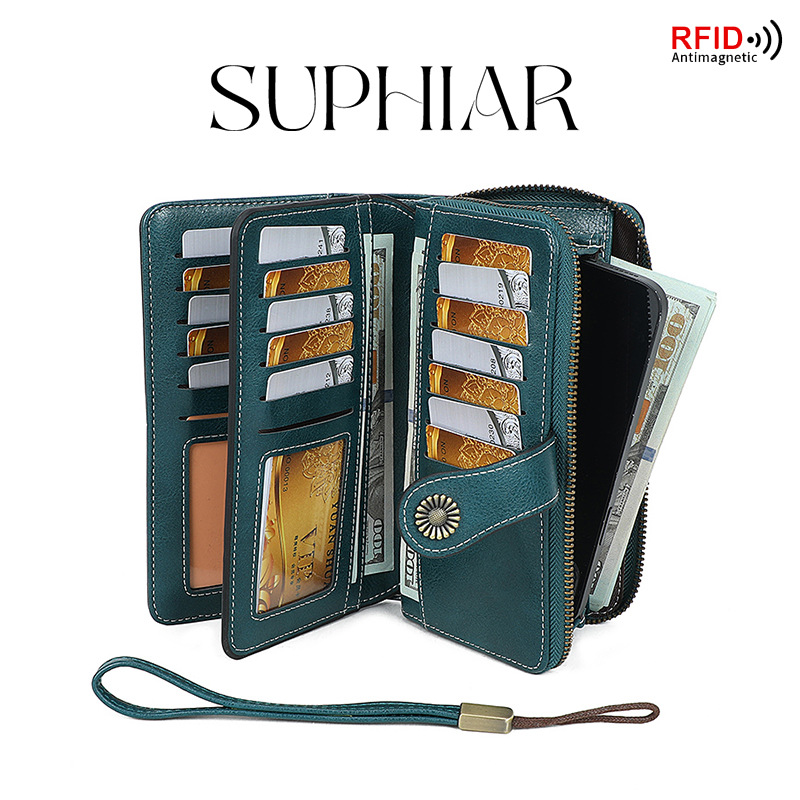 Amazon venta caliente RFID cepillo antideslizante billetera de damas larga cremallera pu europea y americana gran capacidad billetera de mano