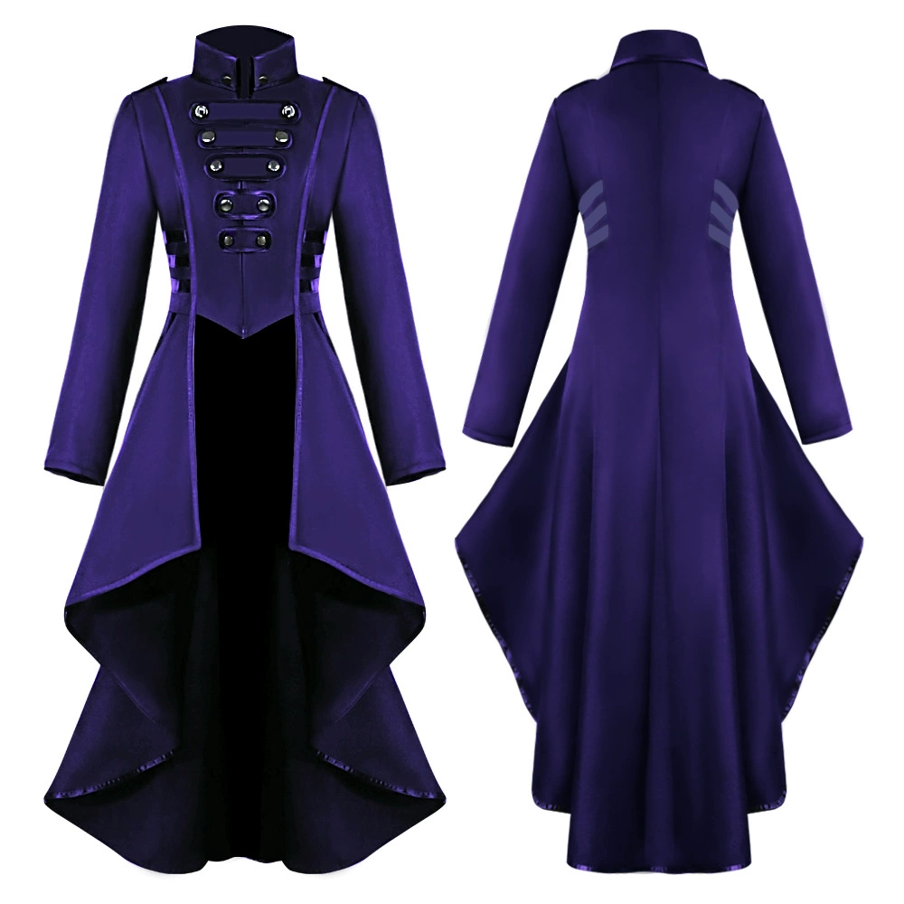 Evening Dress European Style, Long Sleeve High-Low Hem with Military Button Detail, Multi-Color