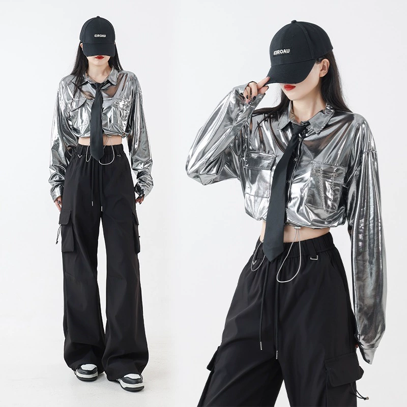 Джазовый танец девушки костюм с длинными рукавами пупок костюм модный жареный уличный джаз с серебряными блестками