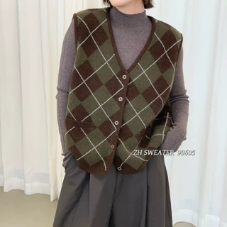 复古风外搭叠穿格纹针织马甲开衫女秋冬款软糯V领格子毛衣背心C24
