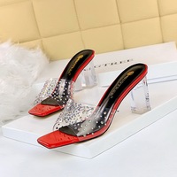 6016-2 han edition fashion summer with square head peep-toe transparent crystal with high transparent word diamond cool slippers
