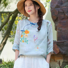 2025夏季新款圆领套头斜襟盘扣拼接五分袖T恤数码印花苎麻上衣女