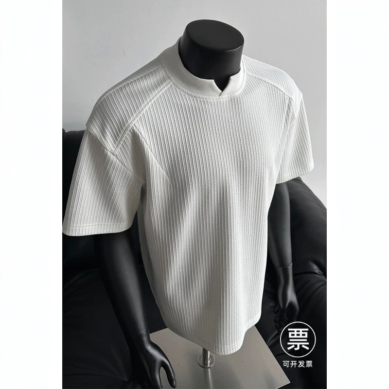 Textured Deconstructed Patchwork V-Neck Short-Sleeve T-Shirt for Men, Summer Trendy Heavy-Duty Half-Sleeve Tee, Half-High Collar Top