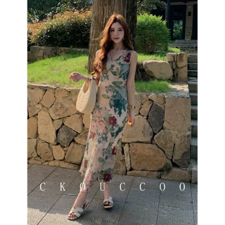 荣太艺术油画风粉绿碎花桑蚕丝连衣裙女小众V领无袖真丝吊带长裙
