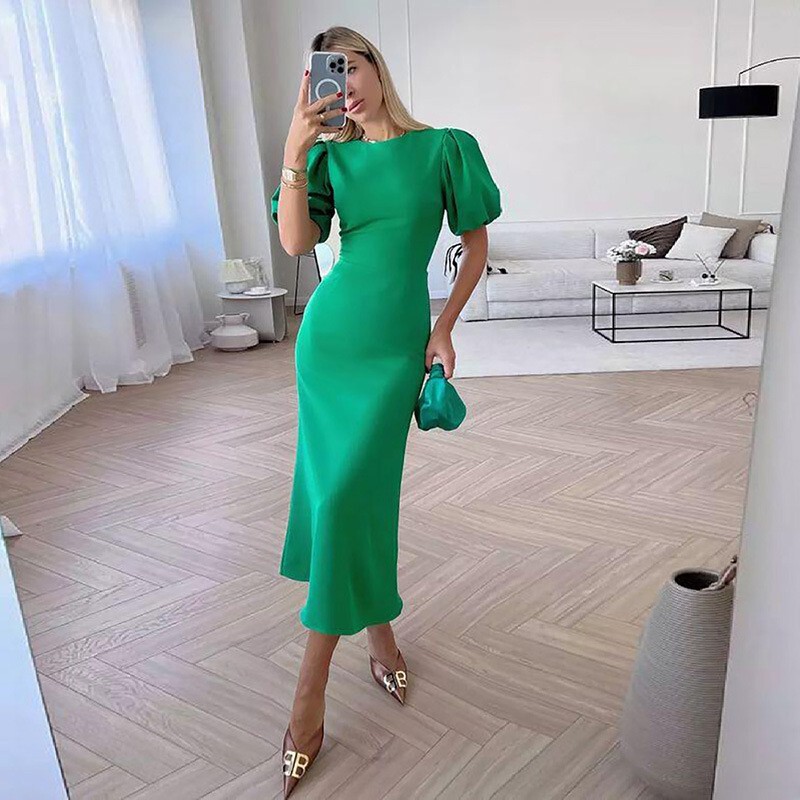 2023 European and American Women's Summer New Round Neck Bubble Short-sleeved dress Fashion Elegant Slim-fit High Waist Long Dress for Women