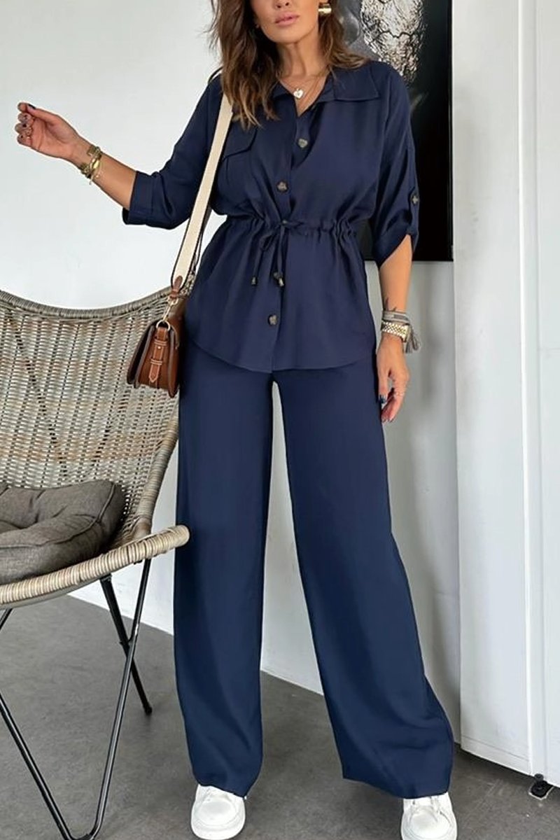 Women's Autumn Solid Color Casual Button Drawstring Loose Suit European And American Style_ecoleips.com