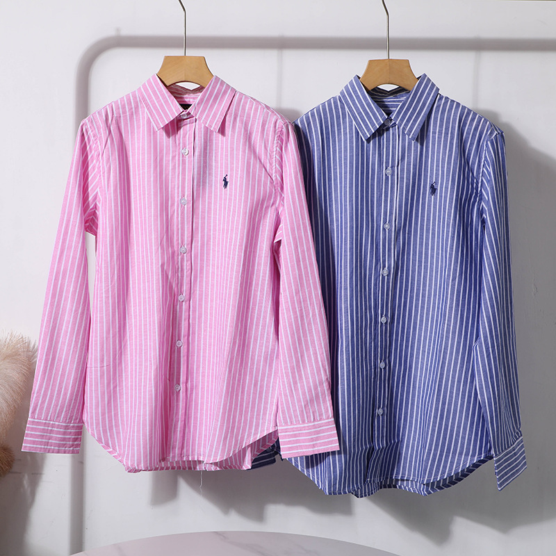 American Women's Blue and White Striped Cotton Long-Sleeve Shirt with Embroidered Logo 2538