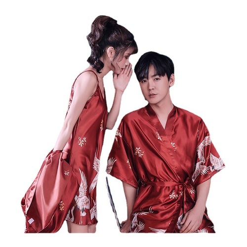 2020 new women's pajamas, spring and autumn silk printed pajamas set, crane sexy dressing gown