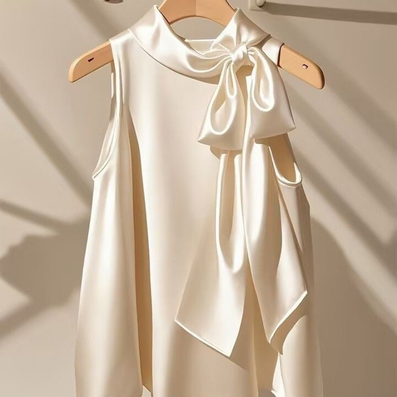 Satin French-Style Summer Blouse in Champagne, Stylish Thin White Loose Bowknot Shirt, Halter Neck Top for Women, New Age-Reducing Model