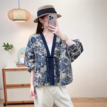 2025秋季新款V字领复古盘扣流苏设计短款气质外套棉麻舒适上衣女