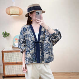 2025秋季新款V字领复古盘扣流苏设计短款气质外套棉麻舒适上衣女
