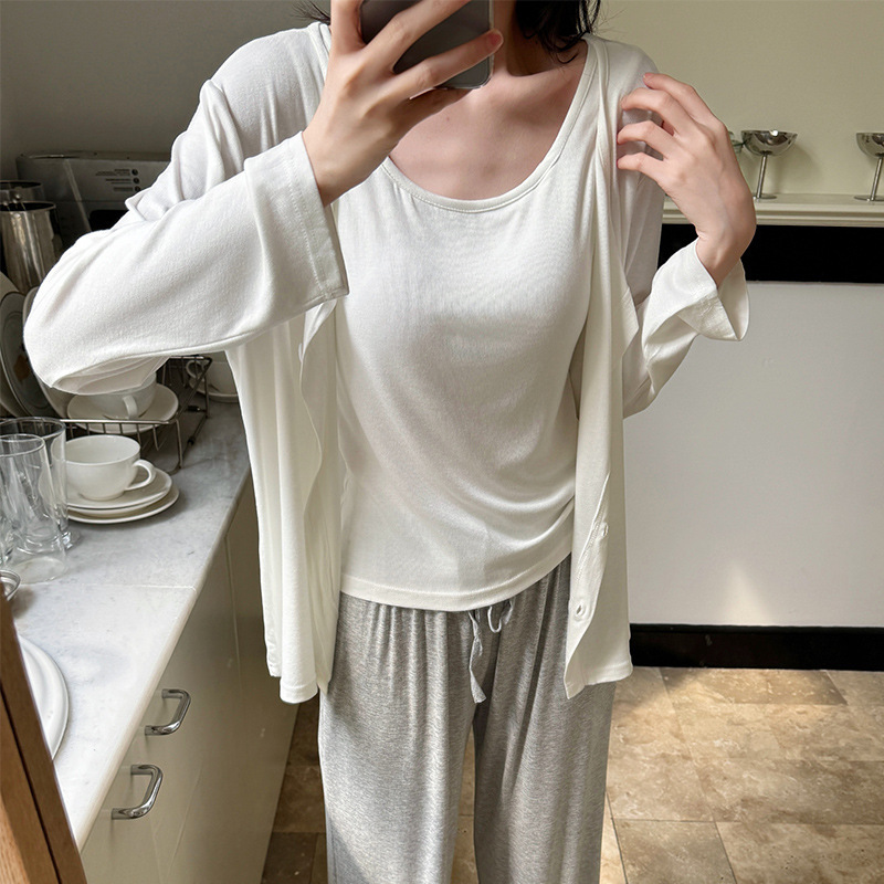 春秋季背心带胸垫人棉睡衣女可外穿长袖长裤三件套女生家居服套装|undefined