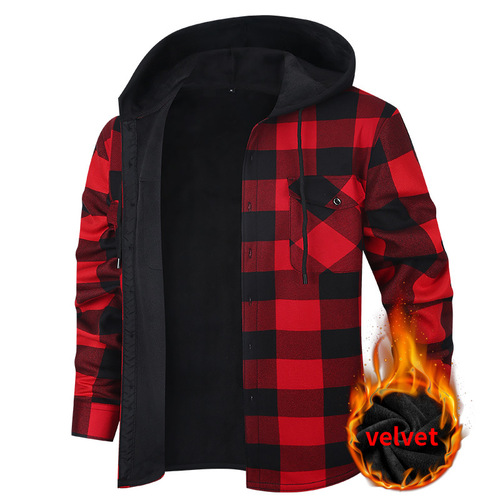 2026 autumn and winter hot fashion, velvet hooded plaid casual large size men's long-sleeved shirt, men's warm shirt
