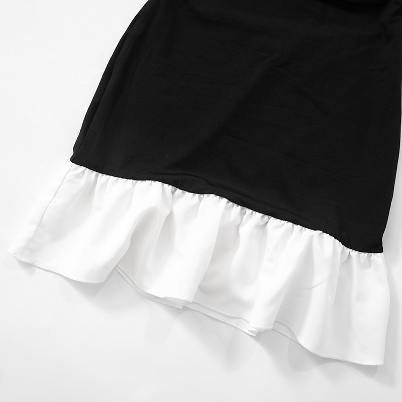 Women Clothing U Collar Color Contrast Patchwork Waist Tight Slingback Elegant Dress