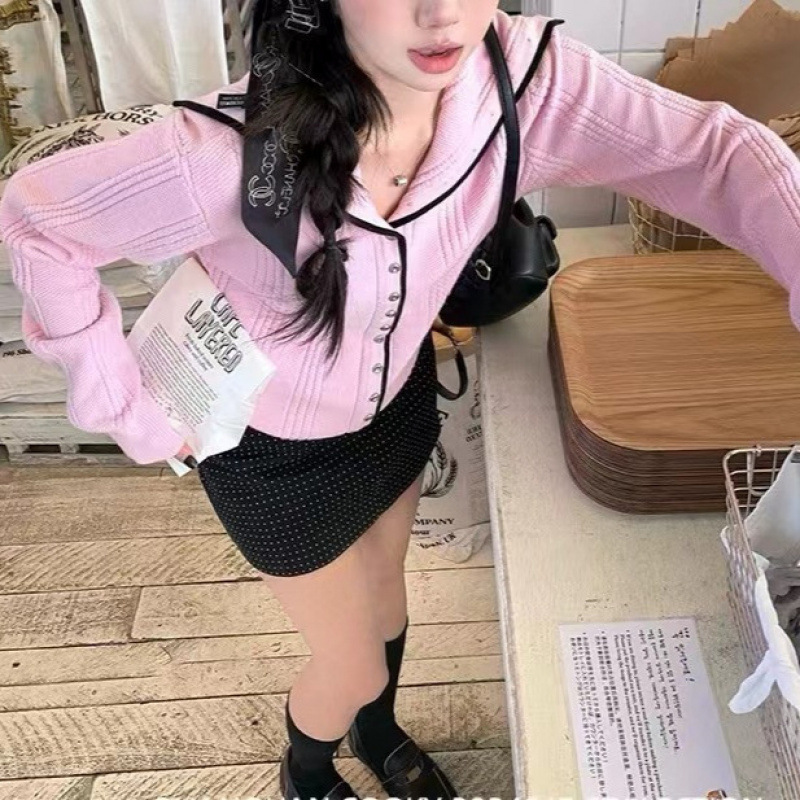 粉色针织开衫毛衣女秋季韩系海军领小个子甜美宽松显瘦慵懒风上衣|undefined