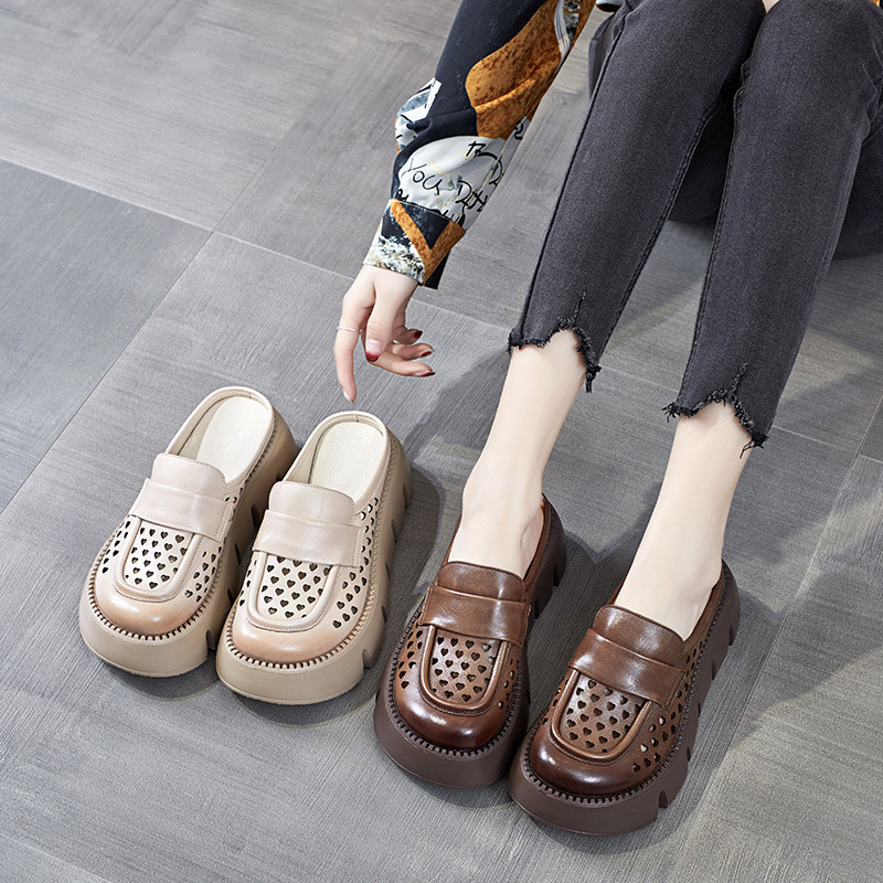 Closed toe slippers for women 2022 summer new first layer cowhide hollow all-match casual platform sandals for women