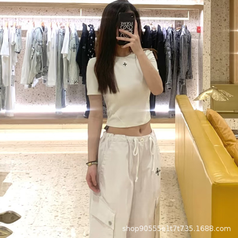 Smfk Dynamic Body Shaping Skin Short Tee Cross Flower Round Neck Slim Sports Casual Short-Sleeved T-Shirt Top 025 Summer