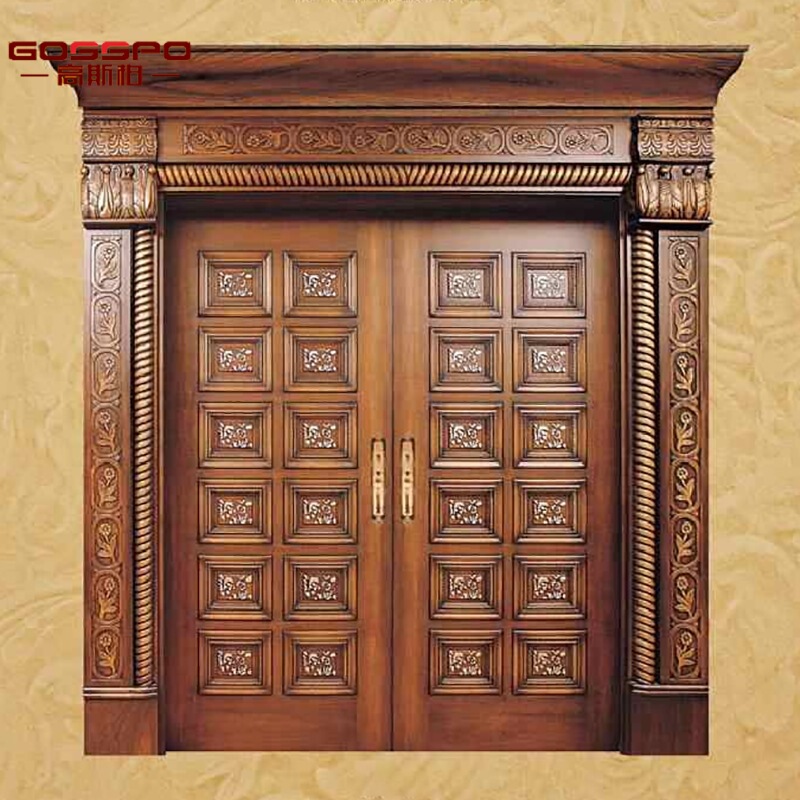 Guangzhou Factory Solid Wood Entrance Door Painted Double Door Villa Carved Door Gold-Painted Whole House Custom Entrance Door