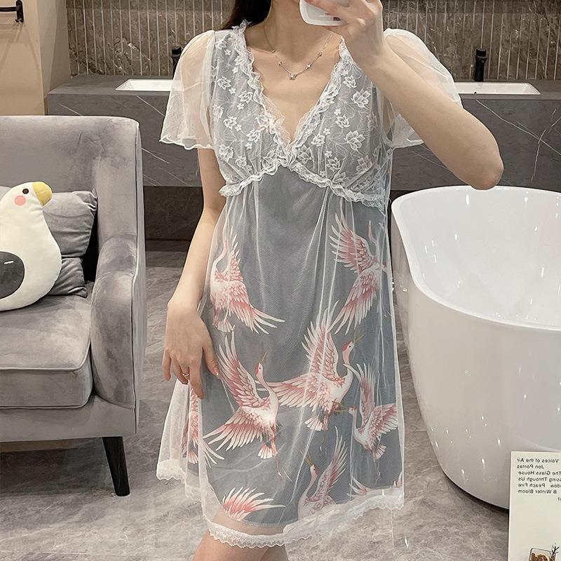 Pijamas de verano malla de hielo seda camisón chica dulce corte estilo grúa cuello en V manga corta vestido MIDI casa delgada